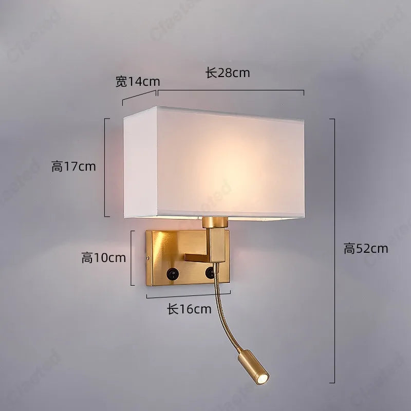E27 Fabric Lampshade Switch LED Wall Light USB Charging Port Study Bedroom Reading Wall Light Home Hotel Decoration Lighting
