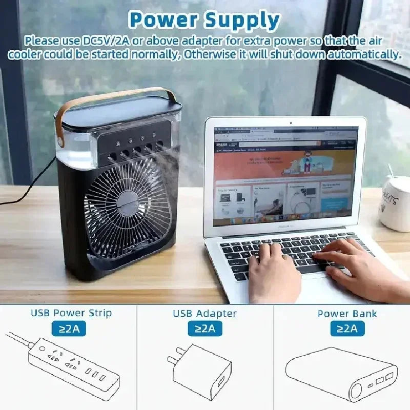 Portable Fan Air Conditioners USB Electric Fan LED Night Light Water Mist Fun 3 in 1