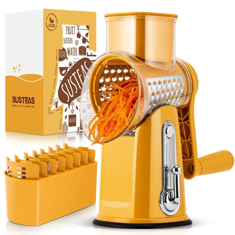SUSTEAS Rotary Cheese Grater with Handle, 5 Well-Designed Blades, Strong Suction Cup Base, Kitchen Utensils