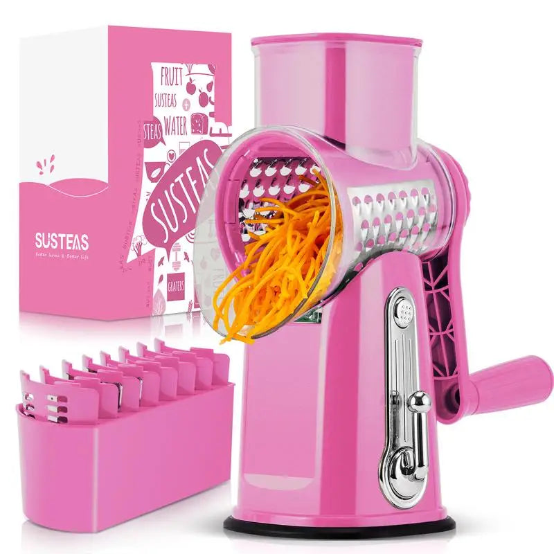 SUSTEAS Rotary Cheese Grater with Handle, 5 Well-Designed Blades, Strong Suction Cup Base, Kitchen Utensils