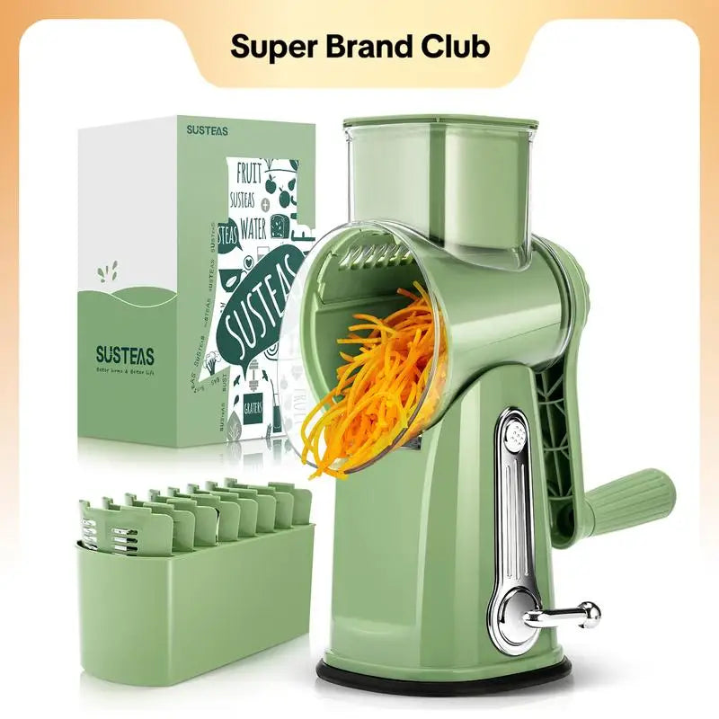 SUSTEAS Rotary Cheese Grater with Handle, 5 Well-Designed Blades, Strong Suction Cup Base, Kitchen Utensils