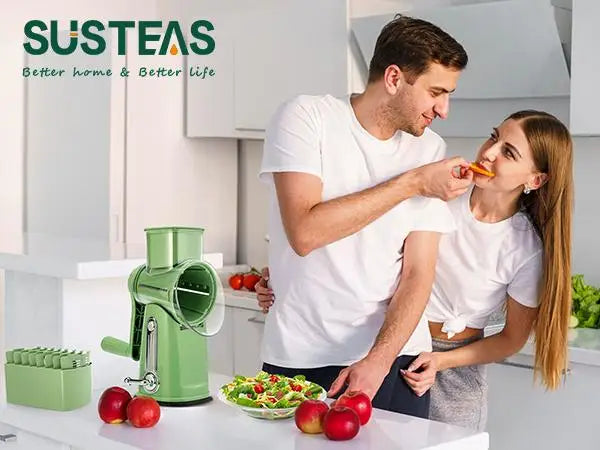 SUSTEAS Rotary Cheese Grater with Handle, 5 Well-Designed Blades, Strong Suction Cup Base, Kitchen Utensils