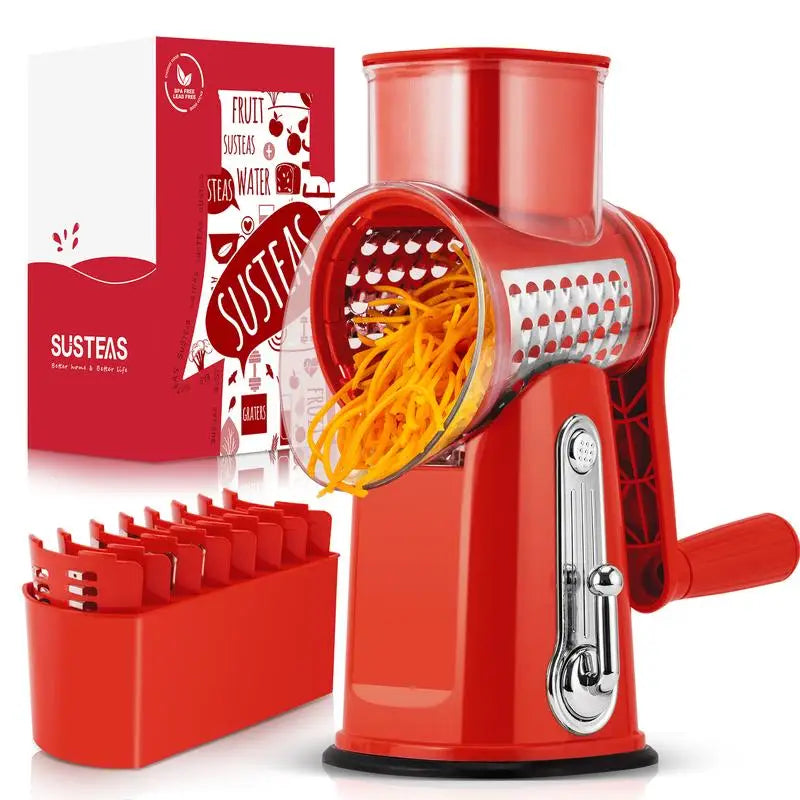 SUSTEAS Rotary Cheese Grater with Handle, 5 Well-Designed Blades, Strong Suction Cup Base, Kitchen Utensils