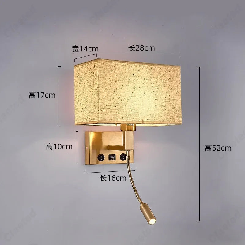 E27 Fabric Lampshade Switch LED Wall Light USB Charging Port Study Bedroom Reading Wall Light Home Hotel Decoration Lighting