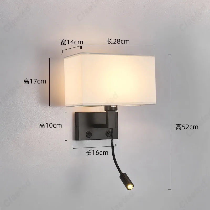 E27 Fabric Lampshade Switch LED Wall Light USB Charging Port Study Bedroom Reading Wall Light Home Hotel Decoration Lighting