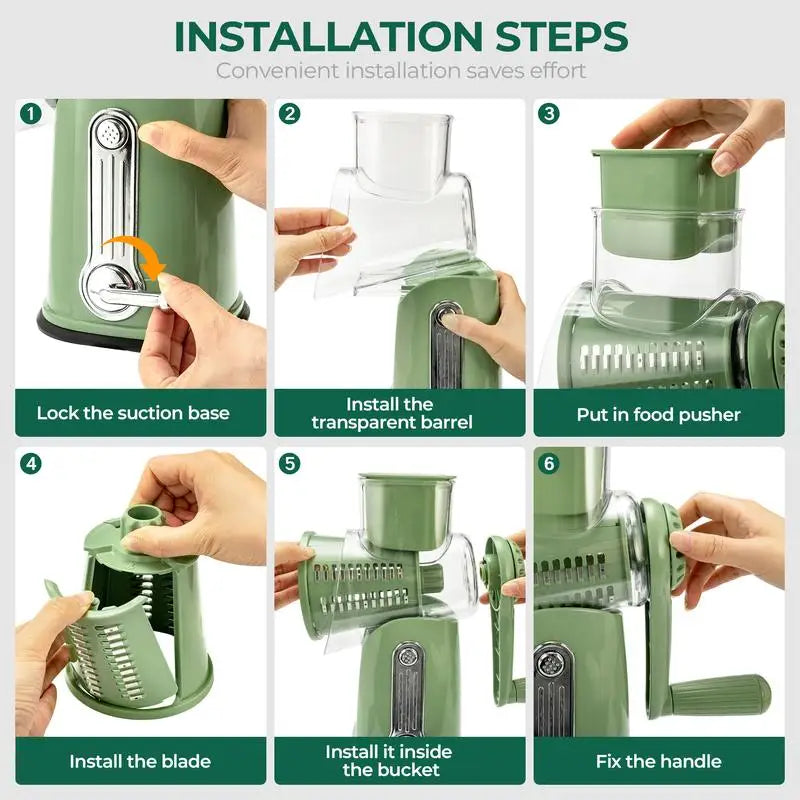 SUSTEAS Rotary Cheese Grater with Handle, 5 Well-Designed Blades, Strong Suction Cup Base, Kitchen Utensils