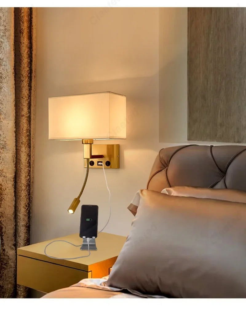 E27 Fabric Lampshade Switch LED Wall Light USB Charging Port Study Bedroom Reading Wall Light Home Hotel Decoration Lighting