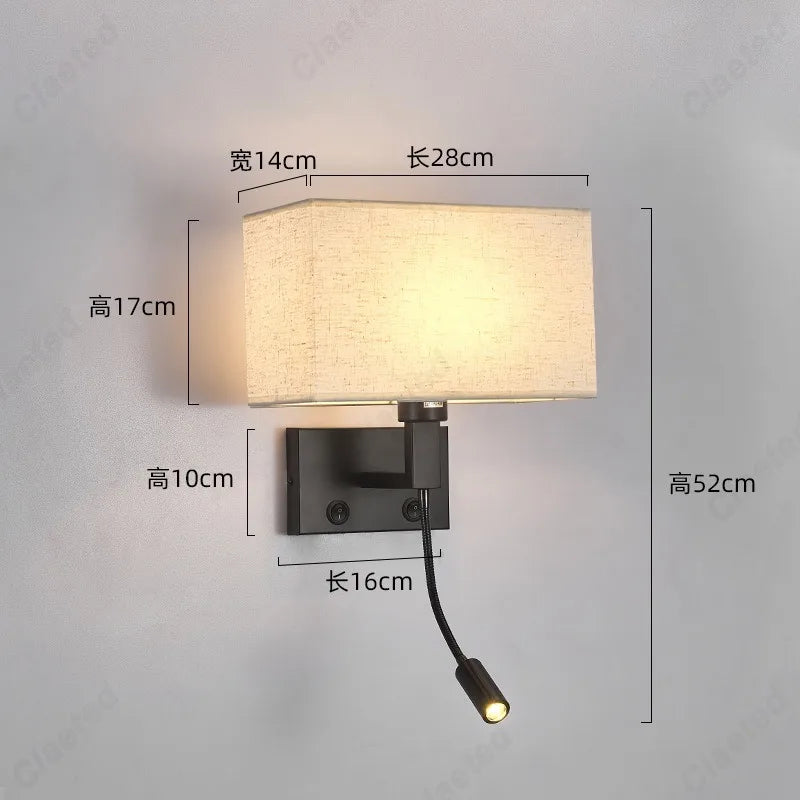 E27 Fabric Lampshade Switch LED Wall Light USB Charging Port Study Bedroom Reading Wall Light Home Hotel Decoration Lighting