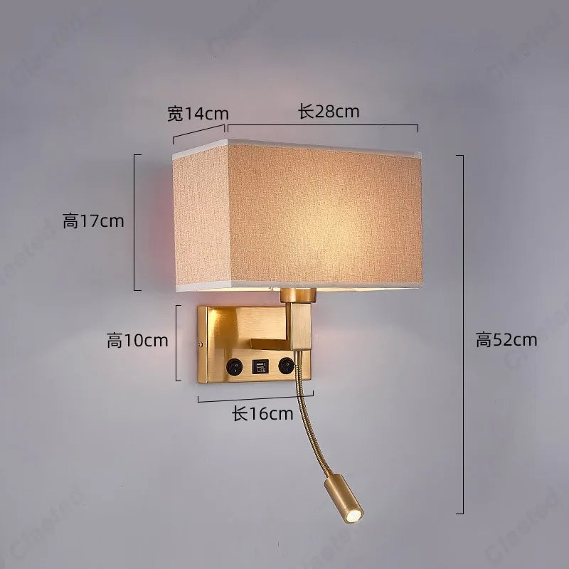 E27 Fabric Lampshade Switch LED Wall Light USB Charging Port Study Bedroom Reading Wall Light Home Hotel Decoration Lighting