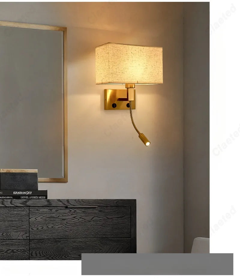 E27 Fabric Lampshade Switch LED Wall Light USB Charging Port Study Bedroom Reading Wall Light Home Hotel Decoration Lighting