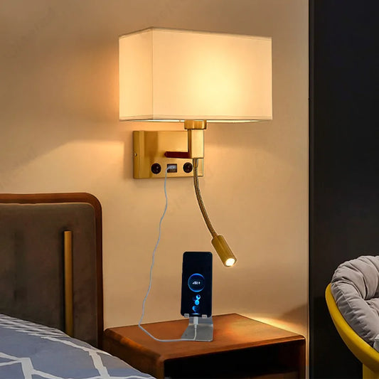 E27 Fabric Lampshade Switch LED Wall Light USB Charging Port Study Bedroom Reading Wall Light Home Hotel Decoration Lighting