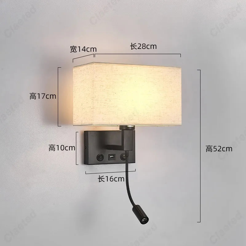 E27 Fabric Lampshade Switch LED Wall Light USB Charging Port Study Bedroom Reading Wall Light Home Hotel Decoration Lighting