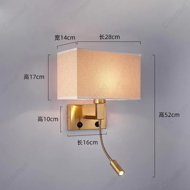 E27 Fabric Lampshade Switch LED Wall Light USB Charging Port Study Bedroom Reading Wall Light Home Hotel Decoration Lighting
