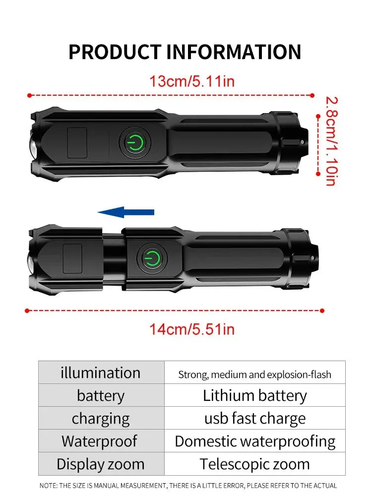 Powerful LED Flashlight 100000 Lumen Tactical Flashlights Rechargeable (waterproof)