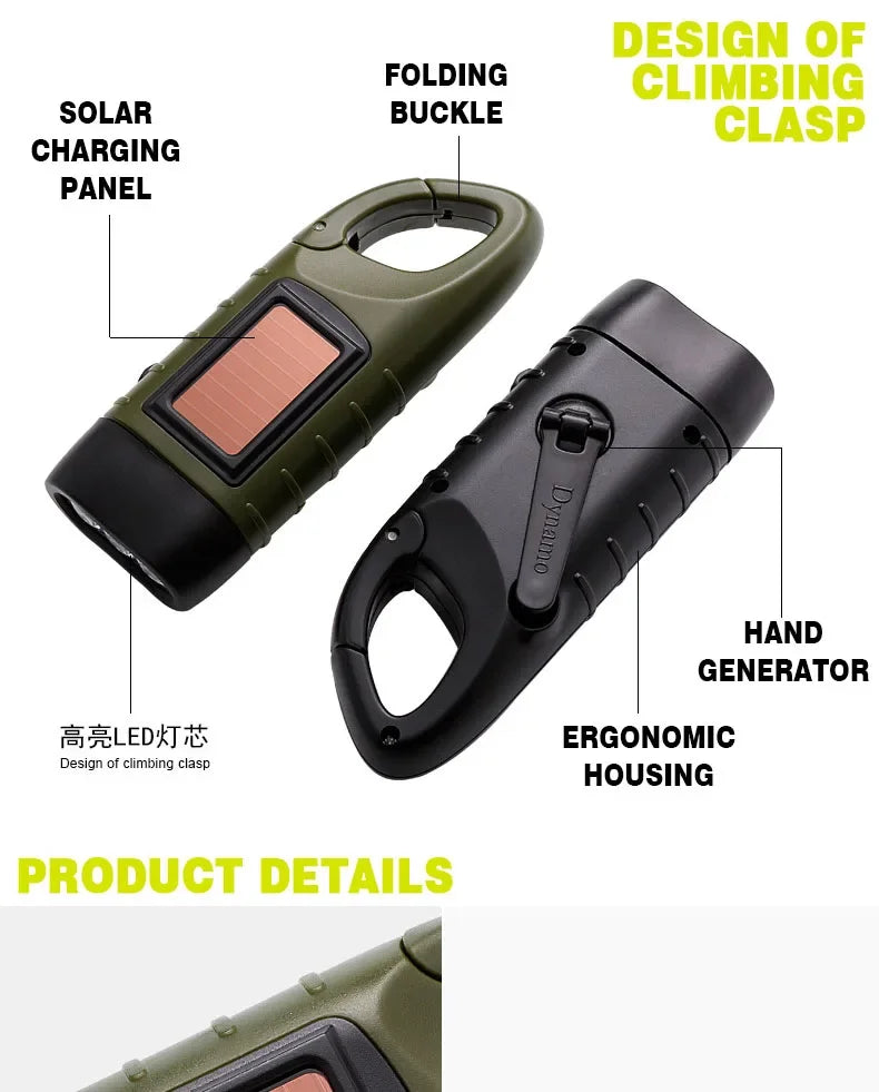 LED Flashlight Hand Crank Solar Powered Rechargeable