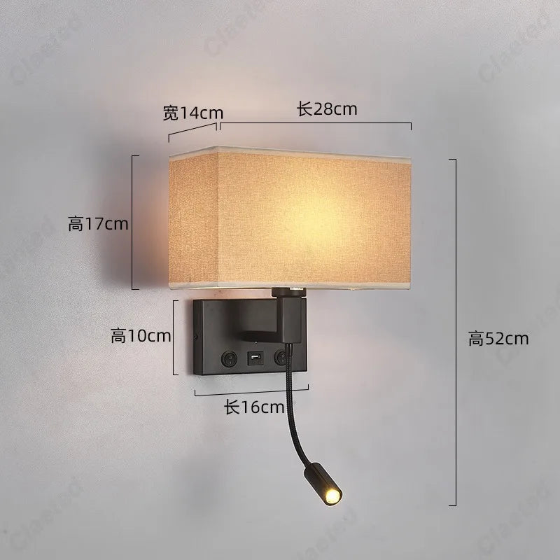 E27 Fabric Lampshade Switch LED Wall Light USB Charging Port Study Bedroom Reading Wall Light Home Hotel Decoration Lighting