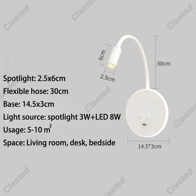 LED Flexible Gooseneck Wall Lamp USB with Switch Adjustable
