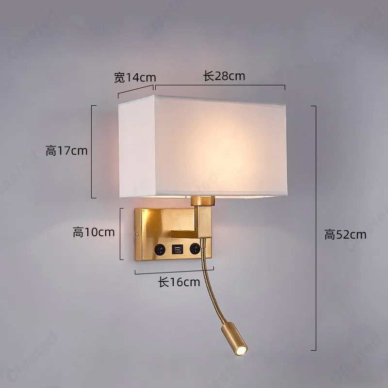 E27 Fabric Lampshade Switch LED Wall Light USB Charging Port Study Bedroom Reading Wall Light Home Hotel Decoration Lighting