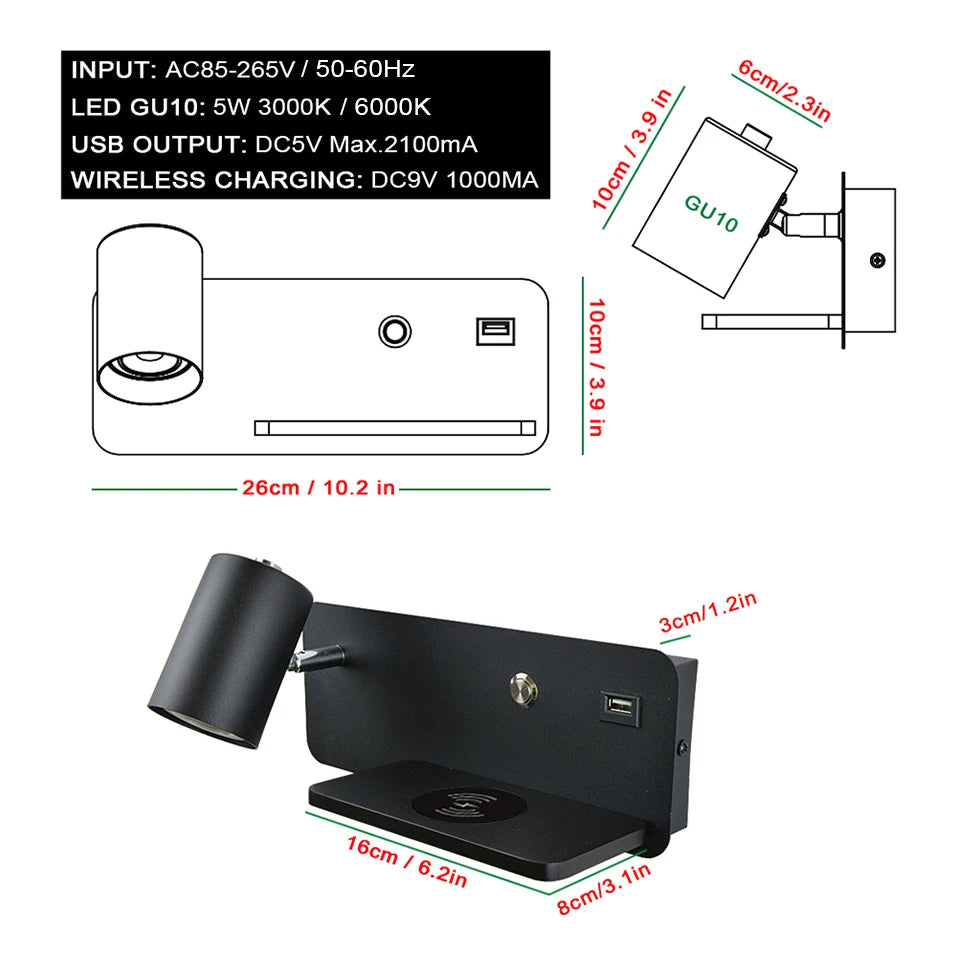 Interior Wall lamp Mobile Phone Wireless Charging and USB Charging Wall lights Bedroom lamps