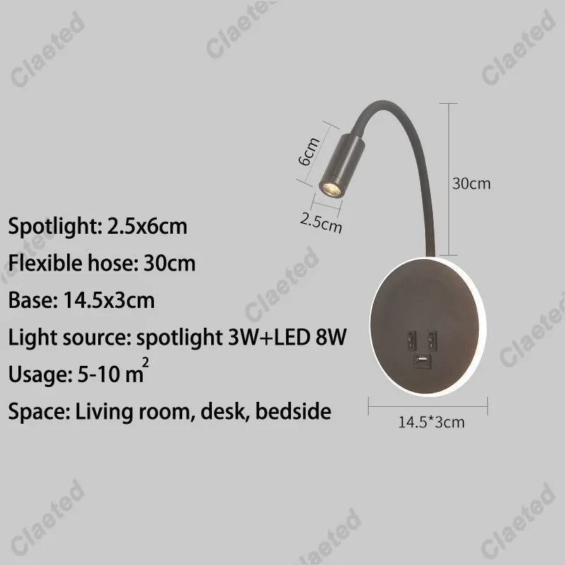 LED Flexible Gooseneck Wall Lamp USB with Switch Adjustable