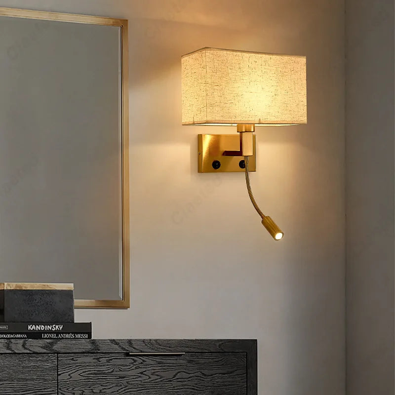 E27 Fabric Lampshade Switch LED Wall Light USB Charging Port Study Bedroom Reading Wall Light Home Hotel Decoration Lighting