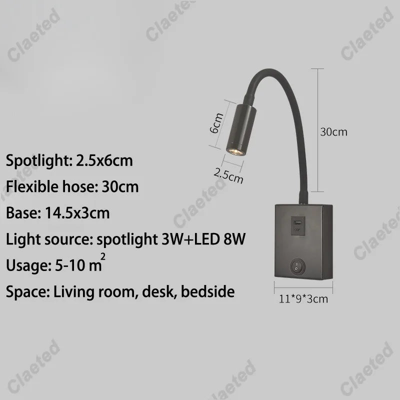 LED Flexible Gooseneck Wall Lamp USB with Switch Adjustable