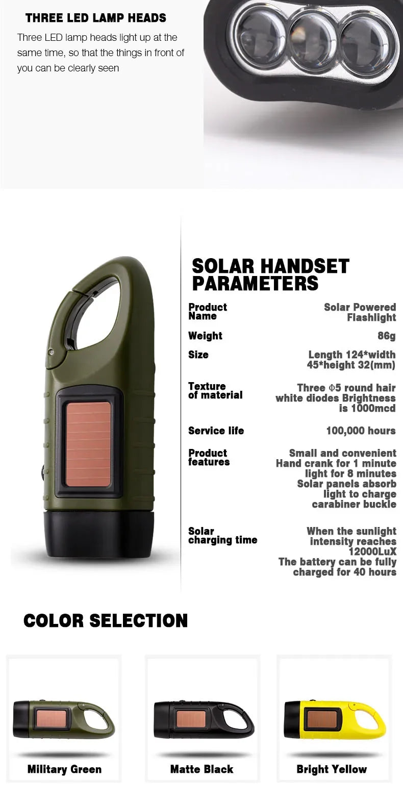 LED Flashlight Hand Crank Solar Powered Rechargeable
