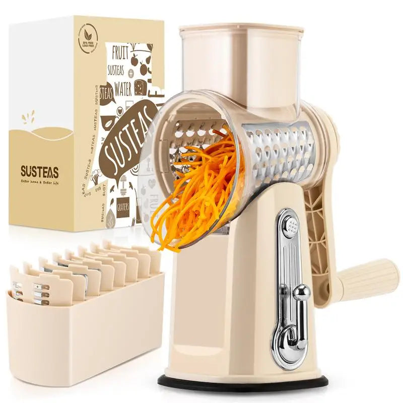 SUSTEAS Rotary Cheese Grater with Handle, 5 Well-Designed Blades, Strong Suction Cup Base, Kitchen Utensils