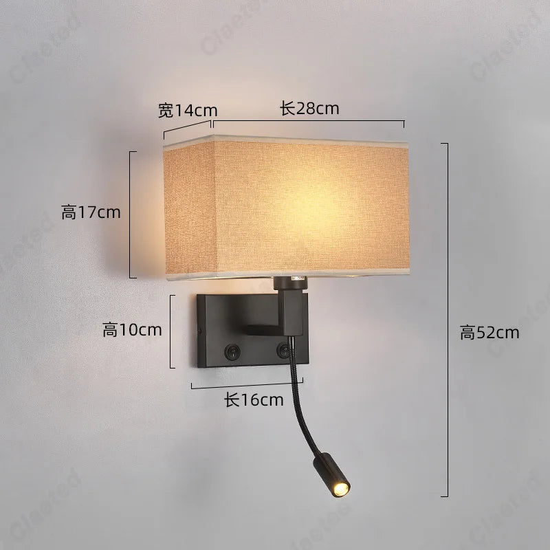 E27 Fabric Lampshade Switch LED Wall Light USB Charging Port Study Bedroom Reading Wall Light Home Hotel Decoration Lighting