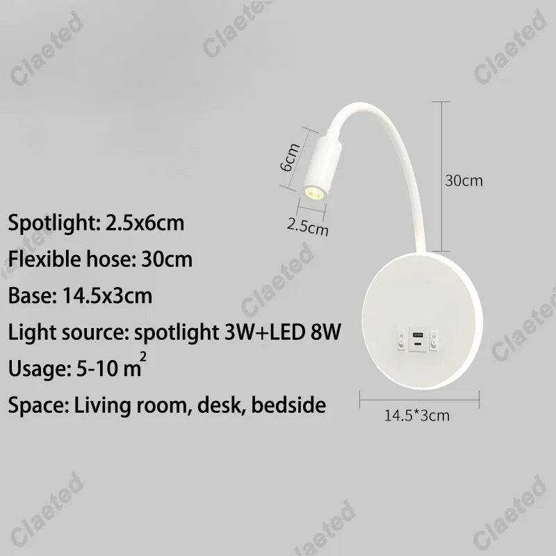 LED Flexible Gooseneck Wall Lamp USB with Switch Adjustable