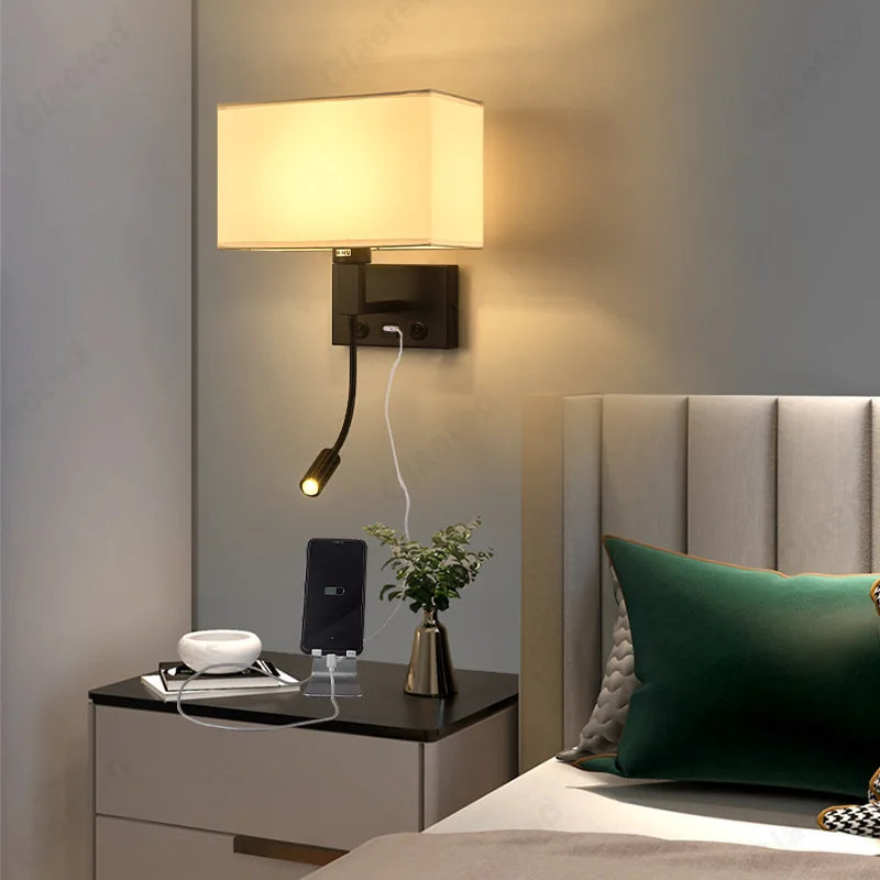 E27 Fabric Lampshade Switch LED Wall Light USB Charging Port Study Bedroom Reading Wall Light Home Hotel Decoration Lighting