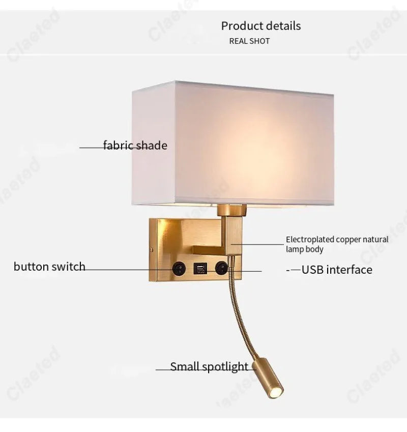 E27 Fabric Lampshade Switch LED Wall Light USB Charging Port Study Bedroom Reading Wall Light Home Hotel Decoration Lighting