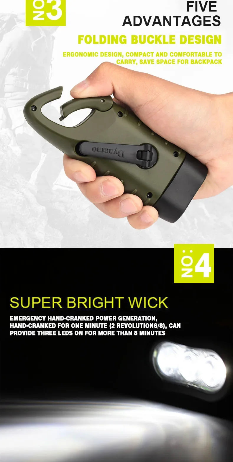 LED Flashlight Hand Crank Solar Powered Rechargeable