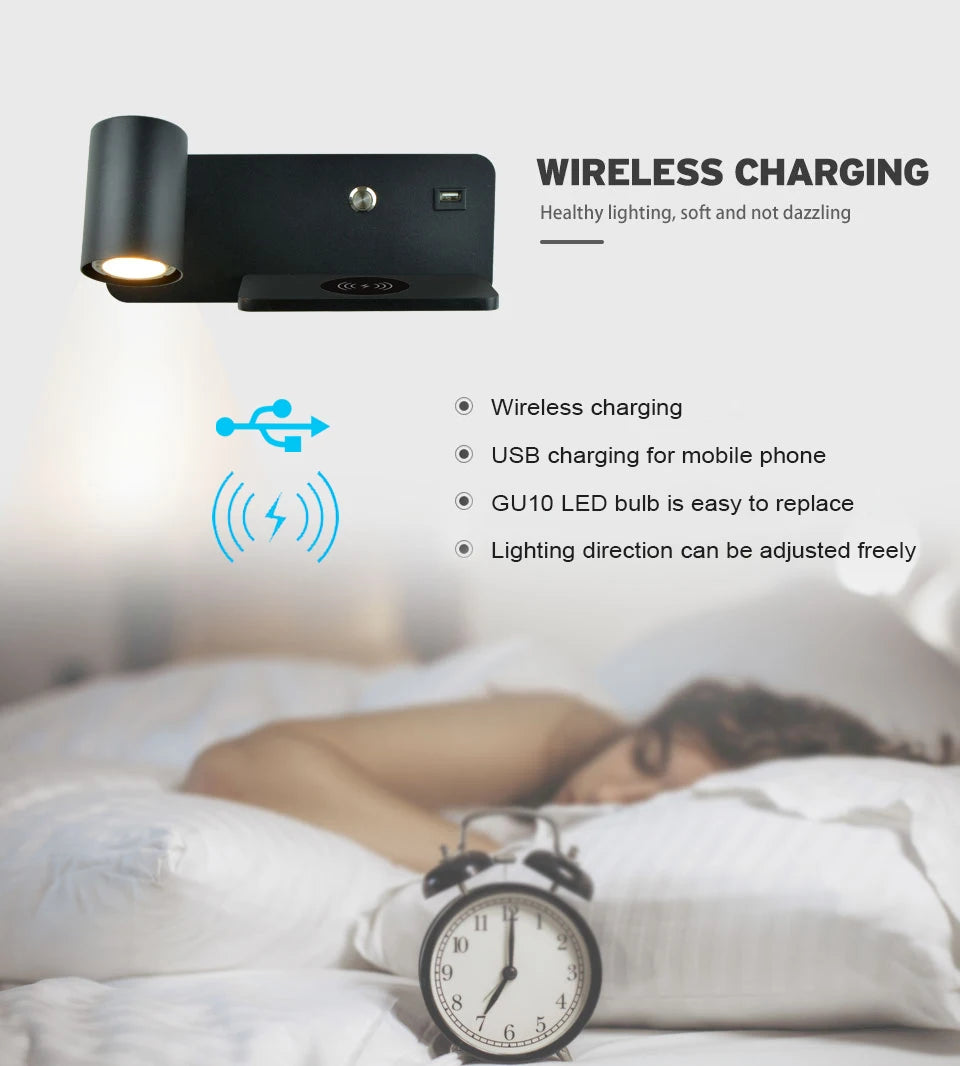 Interior Wall lamp Mobile Phone Wireless Charging and USB Charging Wall lights Bedroom lamps