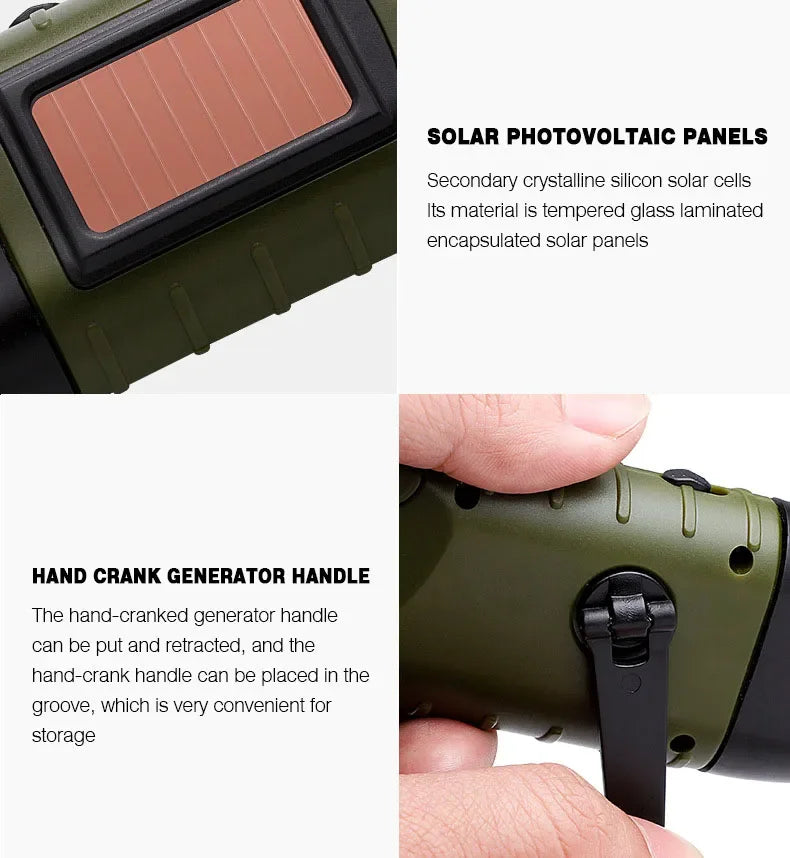LED Flashlight Hand Crank Solar Powered Rechargeable