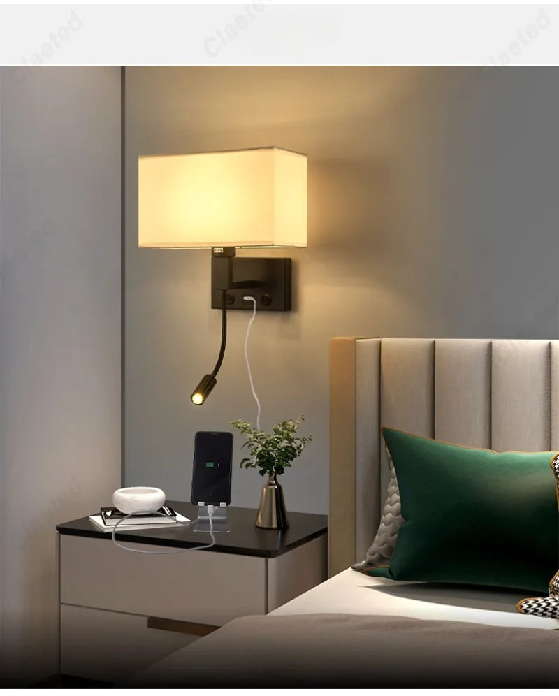 E27 Fabric Lampshade Switch LED Wall Light USB Charging Port Study Bedroom Reading Wall Light Home Hotel Decoration Lighting