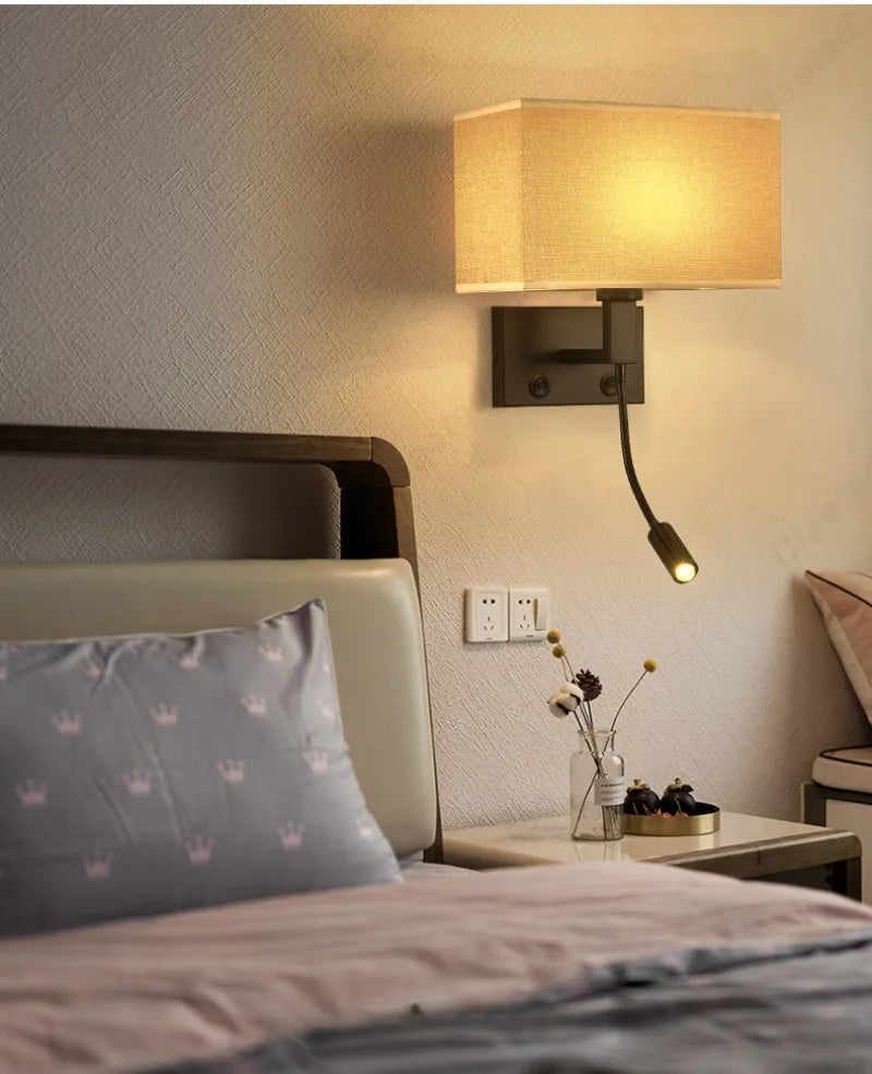 E27 Fabric Lampshade Switch LED Wall Light USB Charging Port Study Bedroom Reading Wall Light Home Hotel Decoration Lighting