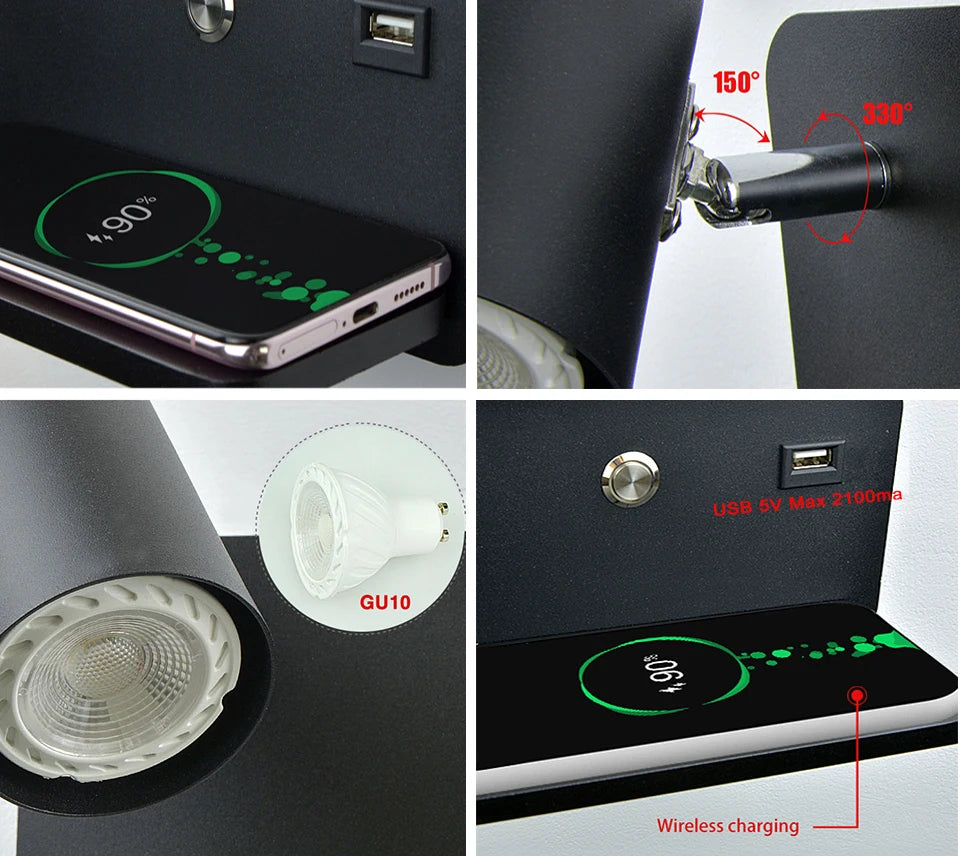 Interior Wall lamp Mobile Phone Wireless Charging and USB Charging Wall lights Bedroom lamps