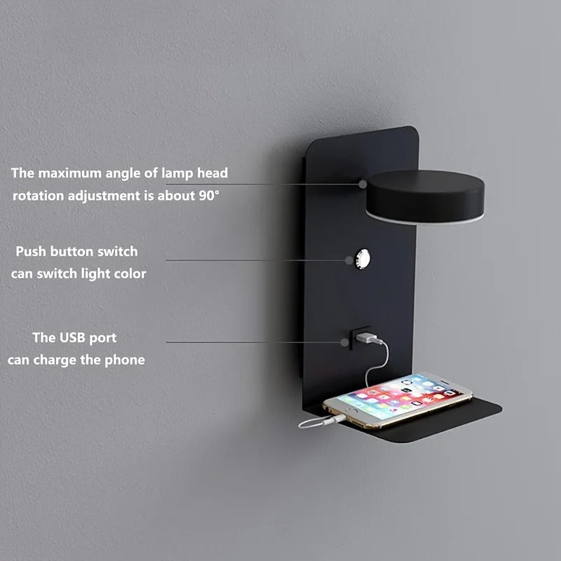 Led Wall Lamp Modern Interior Wall Light Bedroom Night Lamp  with Usb Mobile Phone Charging
