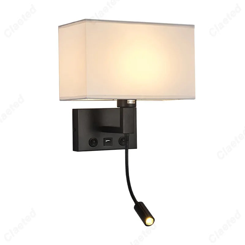 E27 Fabric Lampshade Switch LED Wall Light USB Charging Port Study Bedroom Reading Wall Light Home Hotel Decoration Lighting
