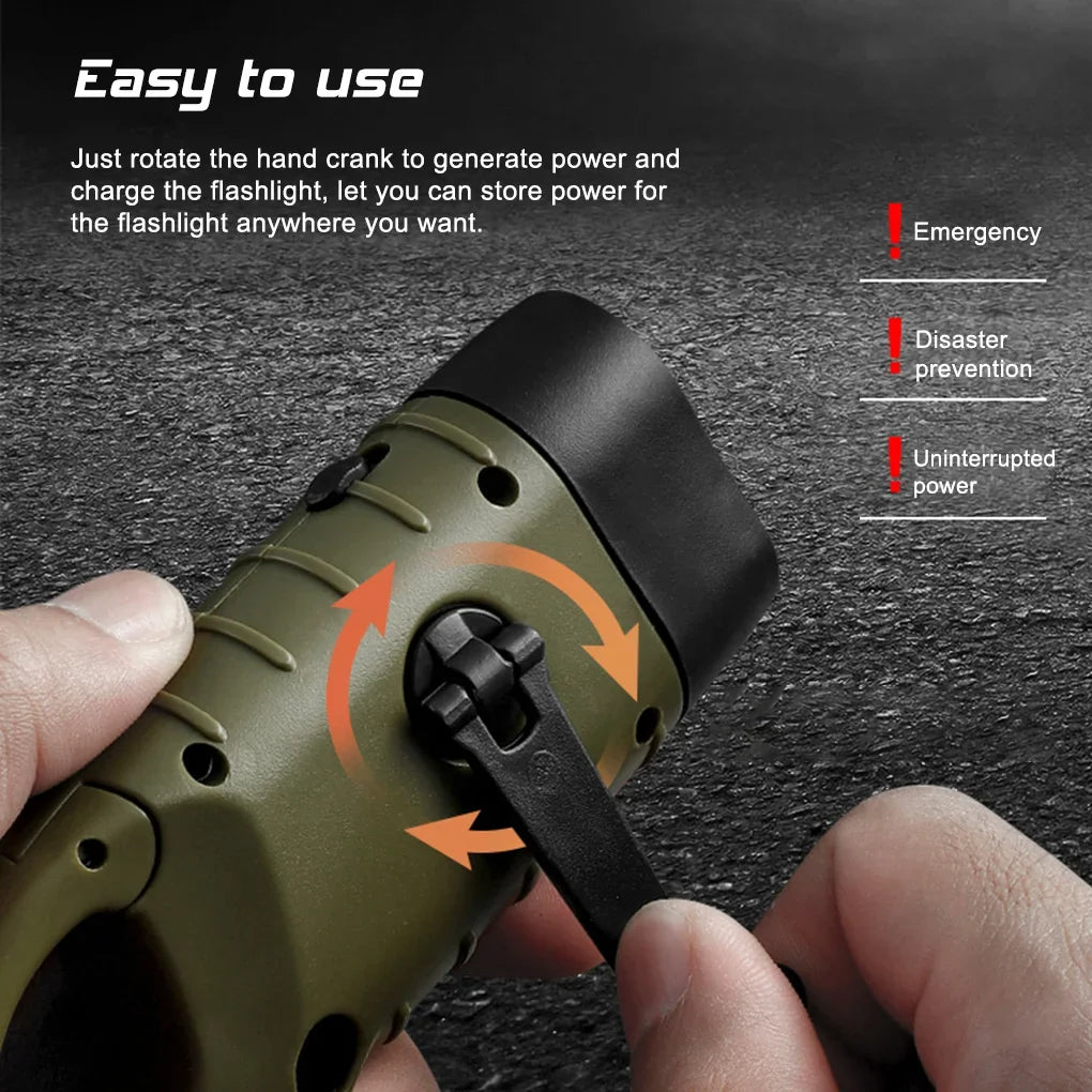 LED Flashlight Hand Crank Solar Powered Rechargeable