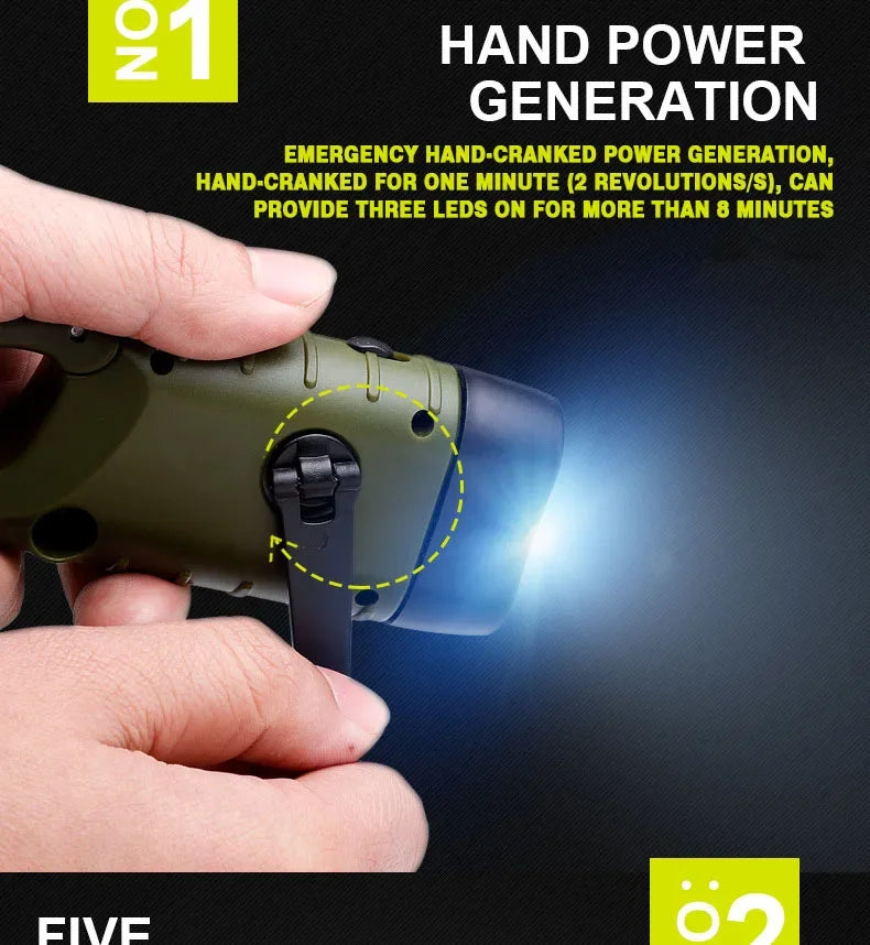 LED Flashlight Hand Crank Solar Powered Rechargeable