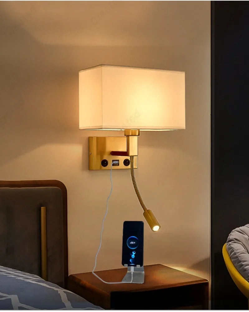 E27 Fabric Lampshade Switch LED Wall Light USB Charging Port Study Bedroom Reading Wall Light Home Hotel Decoration Lighting