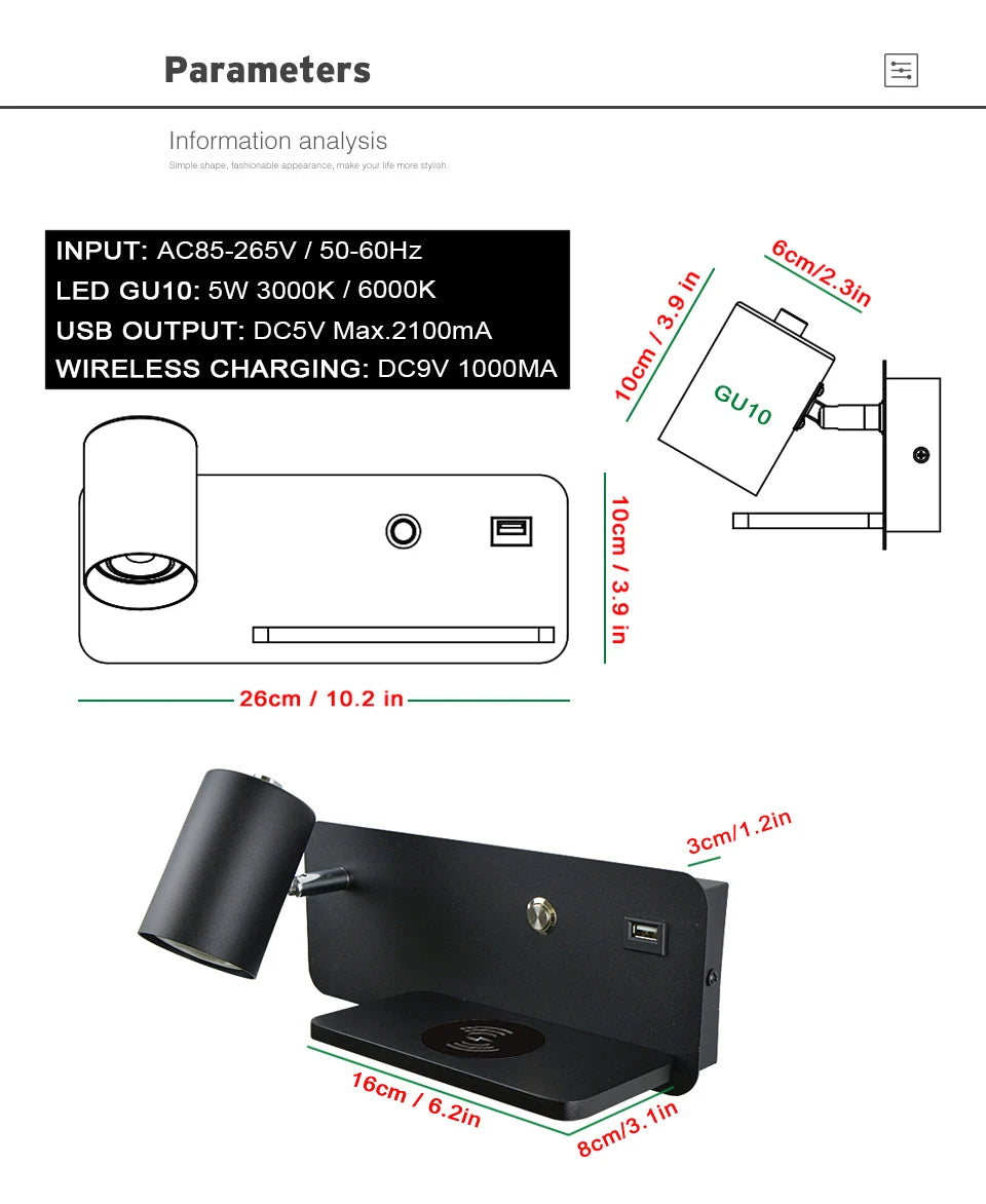 Interior Wall lamp Mobile Phone Wireless Charging and USB Charging Wall lights Bedroom lamps