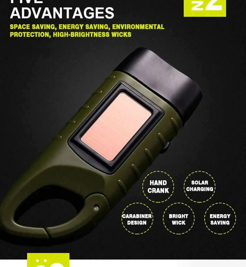 LED Flashlight Hand Crank Solar Powered Rechargeable